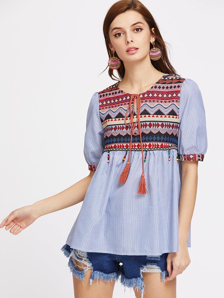 Shein Jacquard Yoke Tasseled Tie Beaded Fringe Trim Babydoll Top