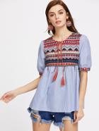 Shein Jacquard Yoke Tasseled Tie Beaded Fringe Trim Babydoll Top