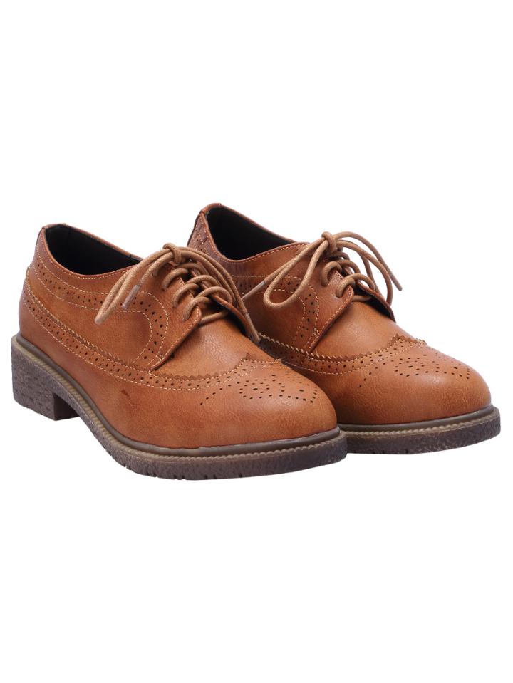 Shein Brown Round Toe Pierced Lace Up Flats