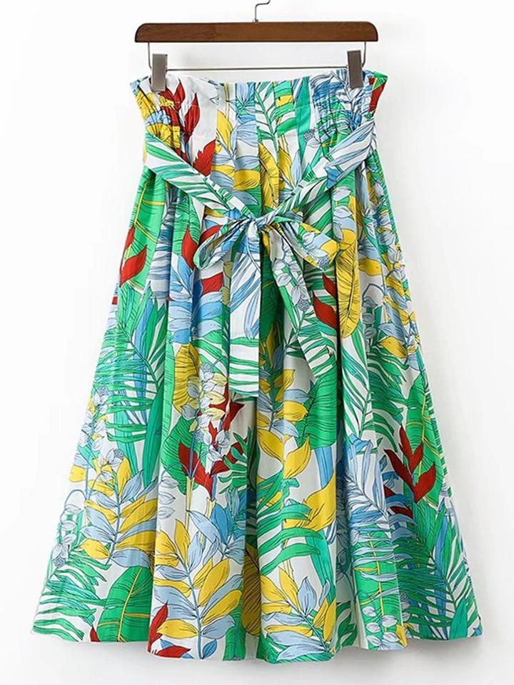 Shein Tie Waist Tropical Print A Line Skirt