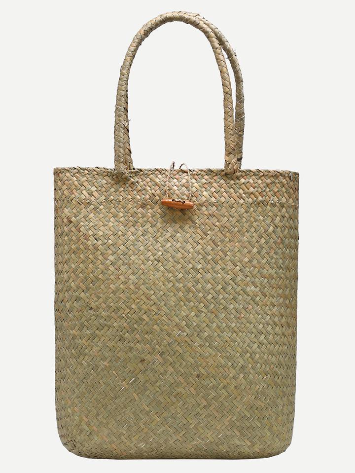 Shein Light Green Button Closure Straw Tote Bag