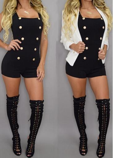 Rosewe Button Decorated Square Neck Black Romper