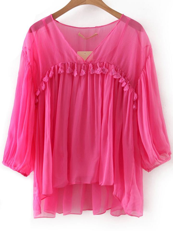 Shein Rose Red V Neck Tassel Blouse With Lining