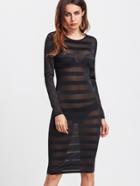 Shein Black Long Sleeve Striped Mesh Dress