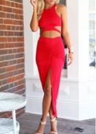 Rosewe Red Hollowed Crop Top And Slit Skirt