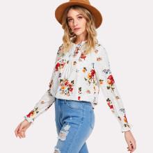 Shein Frilled & Pleated Neck Smocked Cuff Floral Top