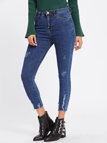 Shein Scratches Frayed Hem Skinny Jeans