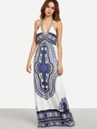 Shein Multicolor Print Halter Self-tie Backless Maxi Dress