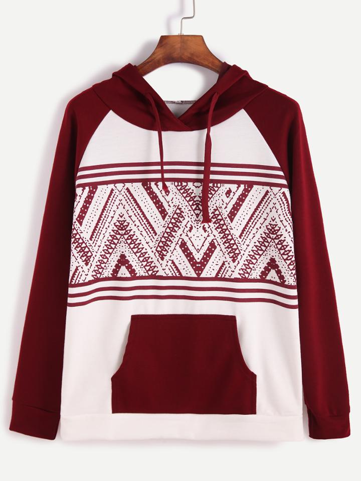 Shein Color Block Hooded Tribal Print Raglan Sleeve Sweatshirt