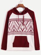 Shein Color Block Hooded Tribal Print Raglan Sleeve Sweatshirt