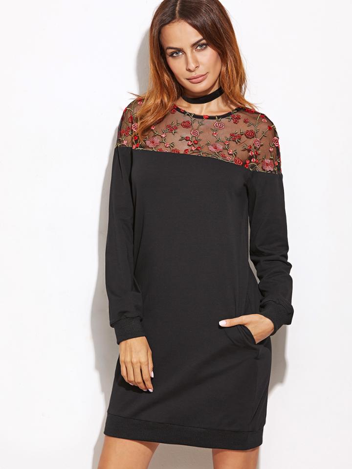 Shein Black Embroidered Mesh Yoke Sweatshirt Dress