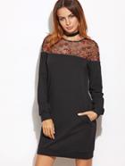 Shein Black Embroidered Mesh Yoke Sweatshirt Dress