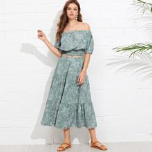 Shein Botanical Print Bardot Crop Top With Skirt