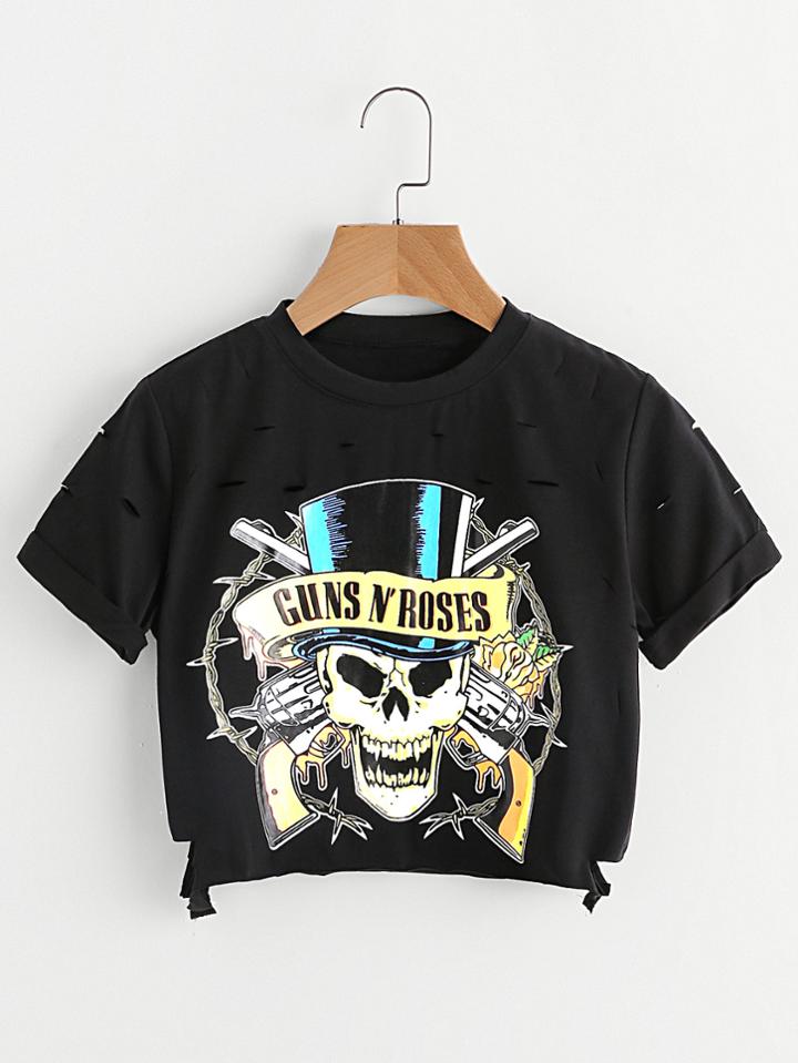 Shein Skull Print Distressed Crop Tee