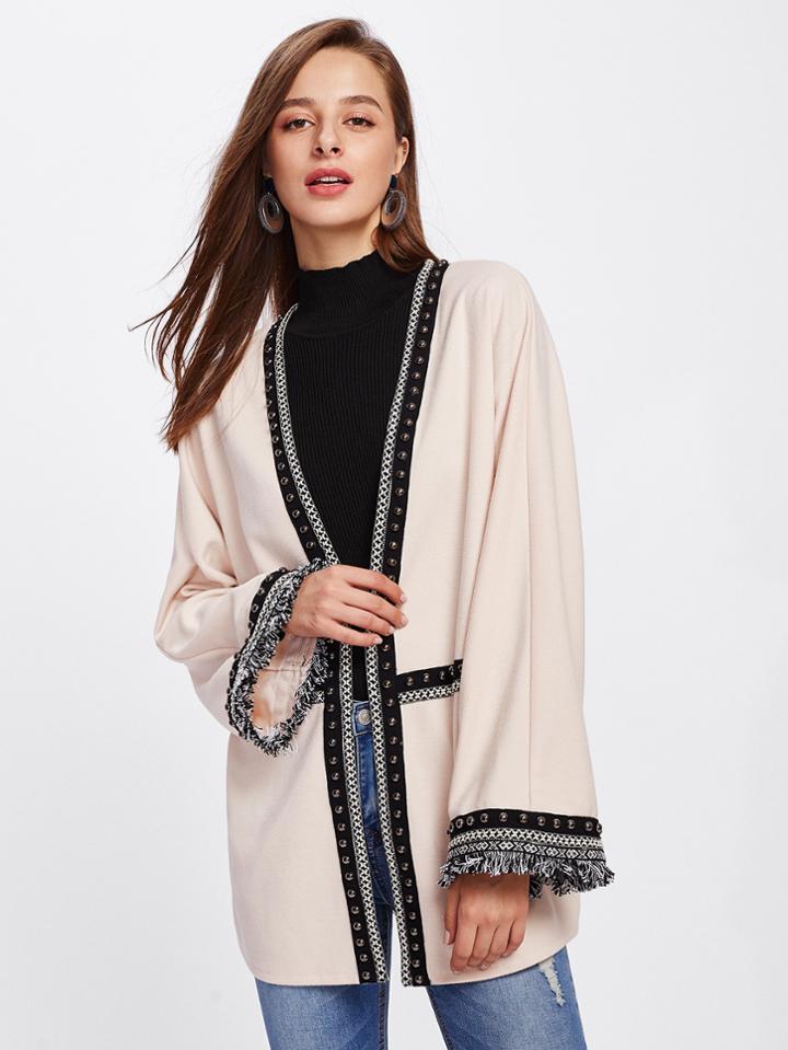 Shein Embroidered Tape Fringe And Beaded Detail Kimono Coat