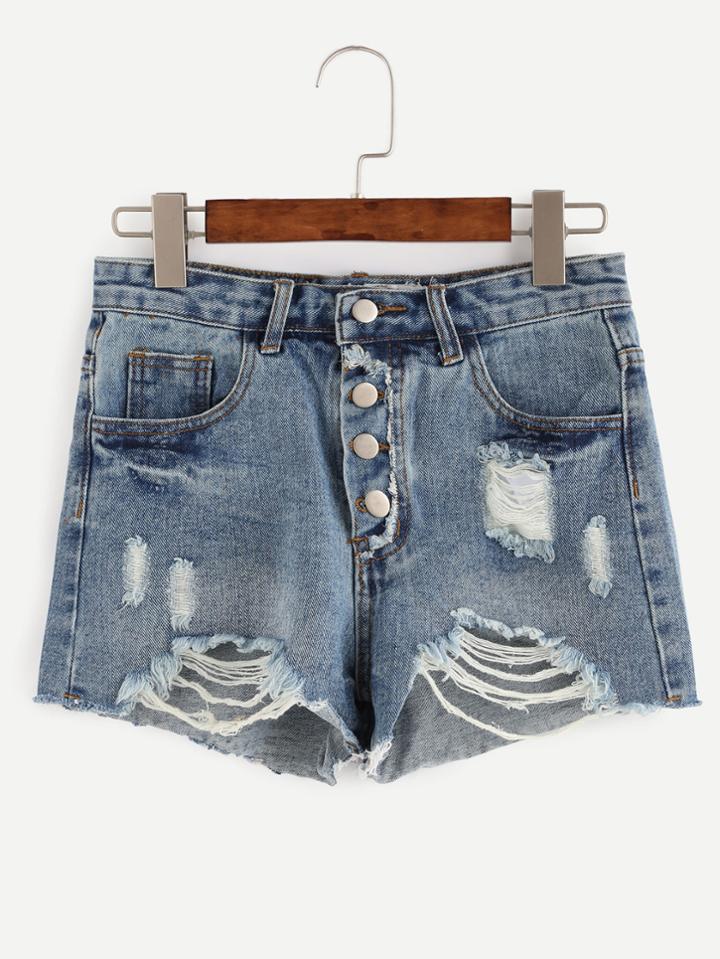 Shein Blue Button Fly Ripped Raw Hem Denim Shorts