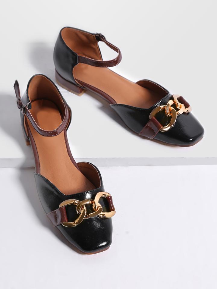 Shein Black Faux Leather Ankle Strap Flats