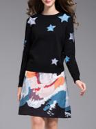 Shein Black Stars Embroidered Top With Print Skirt