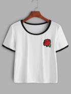 Shein White Contrast Trim Rose Embroidered Patch T-shirt