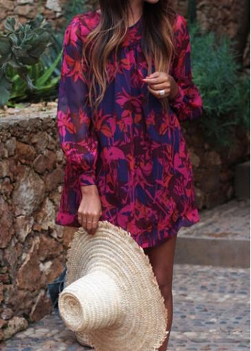 Rosewe Lantern Sleeve Printed Round Neck Mini Dress