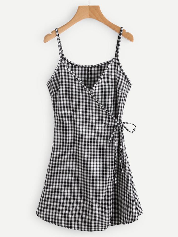 Shein Gingham Print Wrap Self Tie Waist Cami Dress