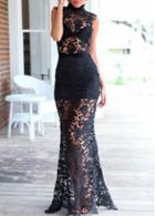 Rosewe Mandarin Collar Black Lace Maxi Dress