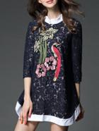 Shein Navy Embroidered Sequined Shift Lace Dress