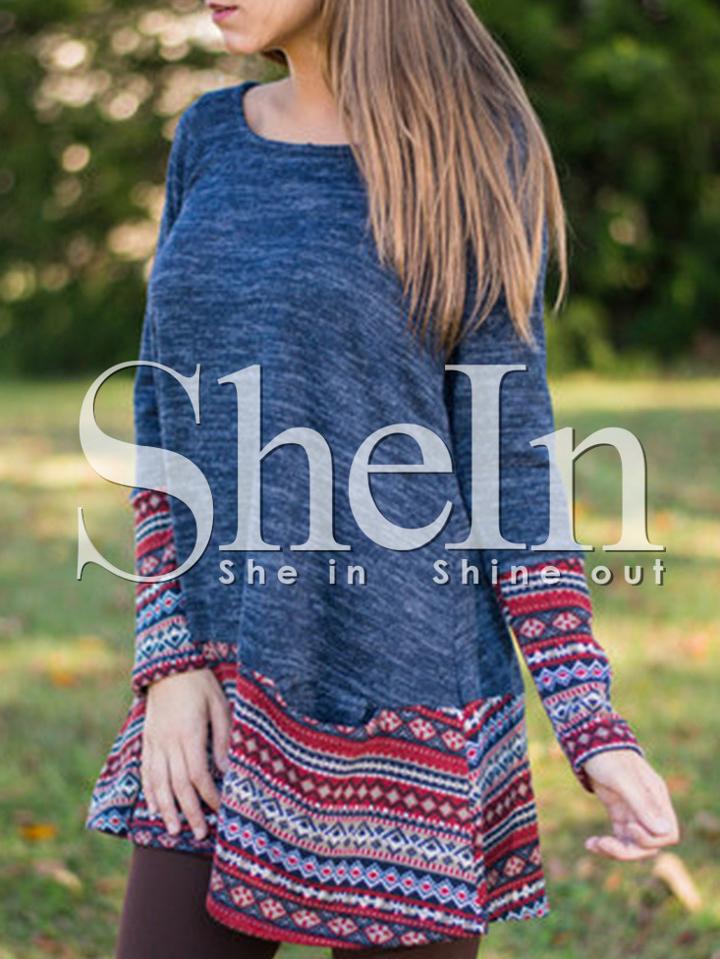 Shein Blue Folk Print Hem T-shirt