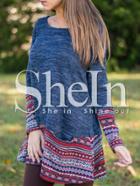 Shein Blue Folk Print Hem T-shirt