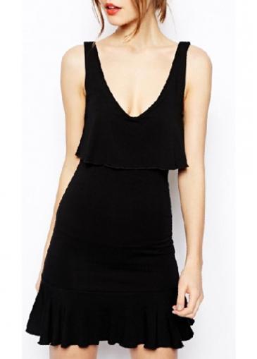 Rosewe Solid Black V Neck Sleeveless Skater Dress For Woman