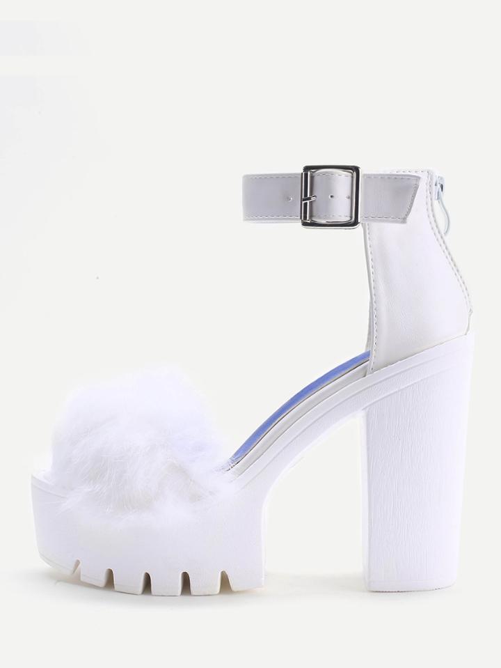 Shein White Faux Fur Detail Platform Chunky Heeled Sandals