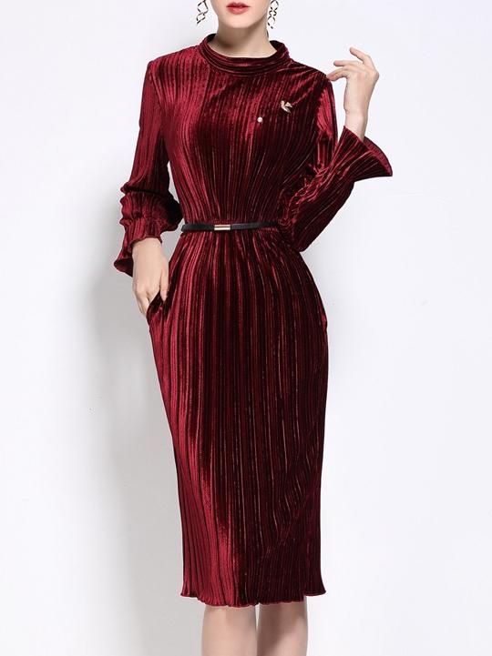Shein Burgundy Velvet Belted Pleated Sheath Dress