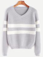 Shein Grey V Neck Striped Trim Loose Sweater