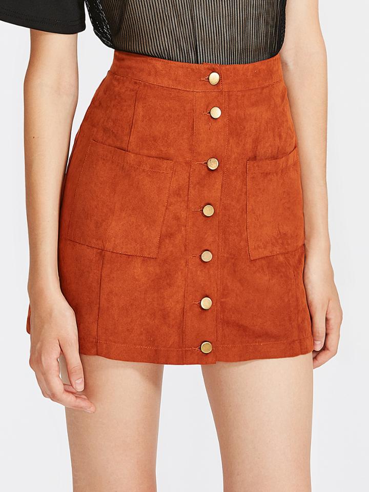 Shein Patch Pocket Button Up Suede Skirt