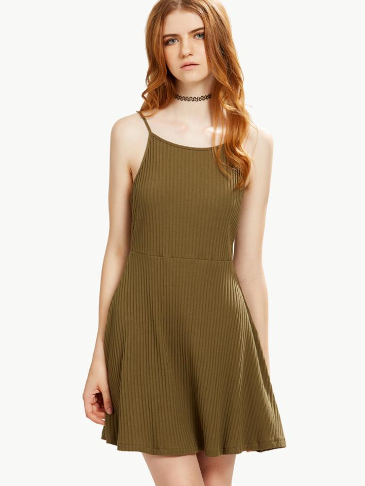 Shein Olive Green Cutout Back Ribbed Cami Dress