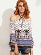 Shein Blue Paisley Print Off The Shoulder Blouse