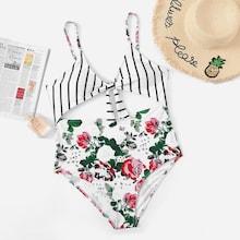 Shein Plus Cut-out Striped & Floral Swimsuit