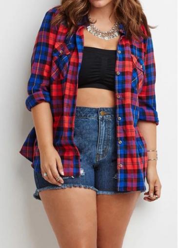 Rosewe Single Breasted Turndown Collar Plaid Print Blouse