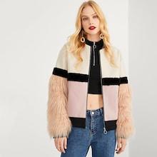 Shein Zip Up Faux Fur Sleeve Plaid Notched Coat