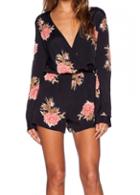 Rosewe V Neck Flower Printed Black Wrap Romper