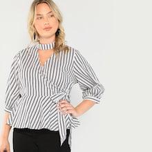 Shein Plus Surplice Neck Pinstripe Blouse