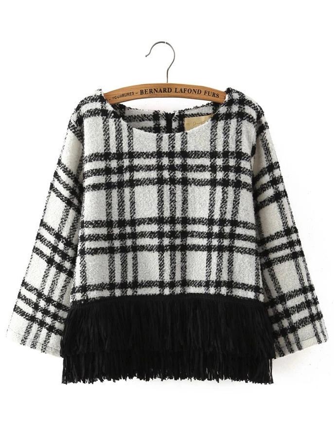 Shein White Black Round Neck Plaid Tassel Sweater