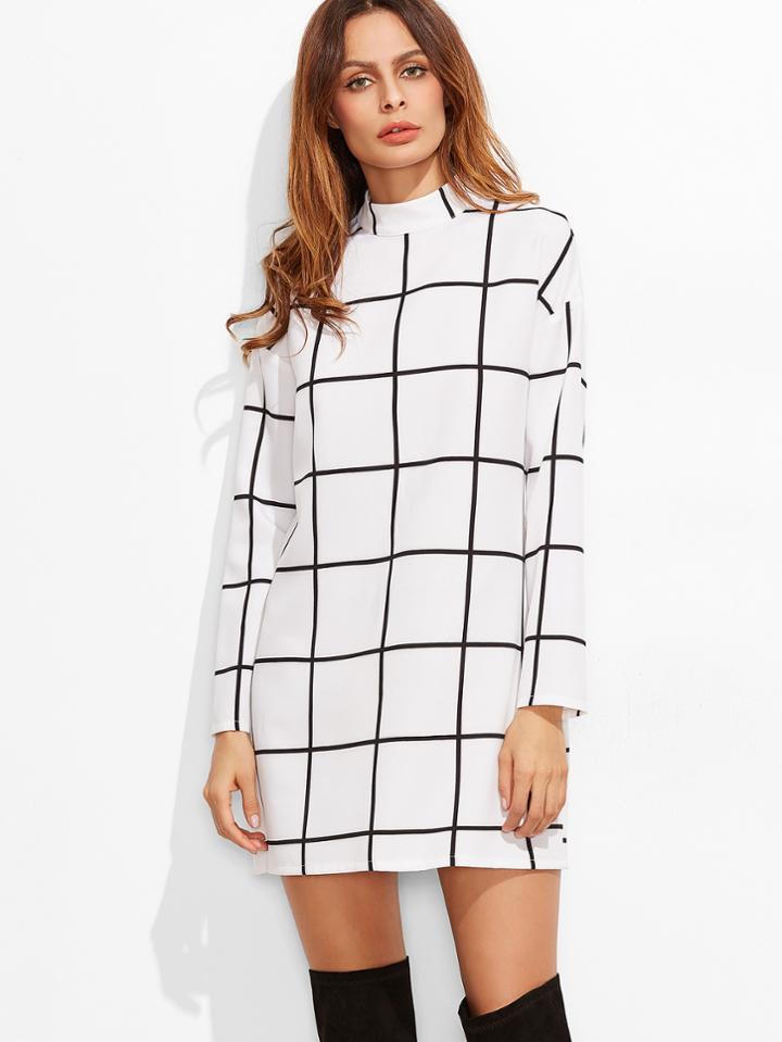 Shein White Grid Mock Neck Tunic Dress