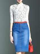 Shein White Contrast Denim Lace Belted Pockets Combo Dress