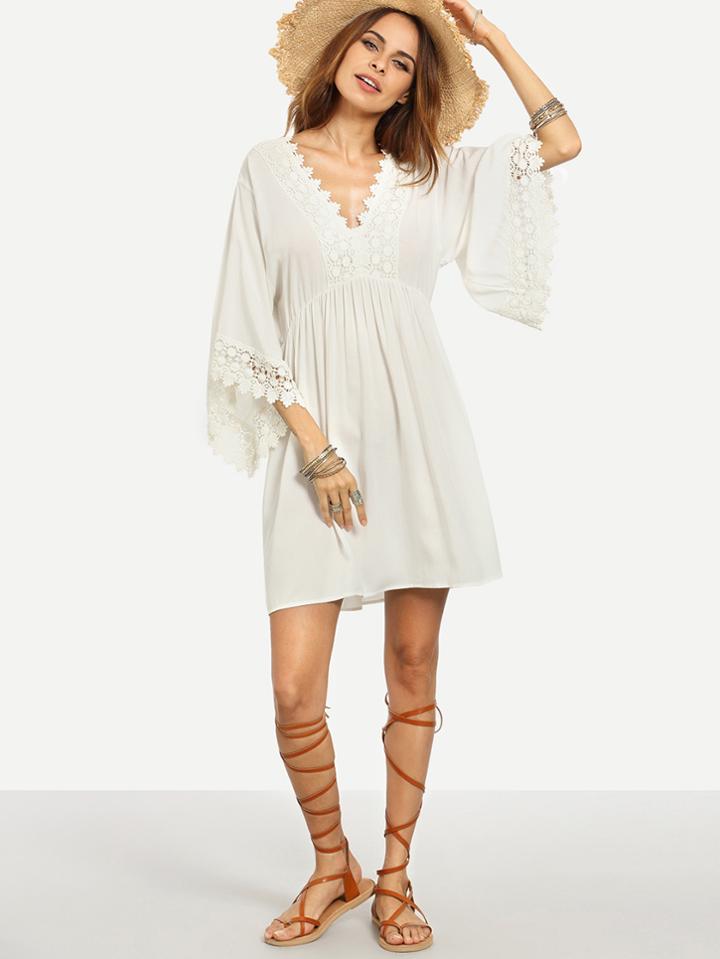 Shein White V Neck Crochet Dress