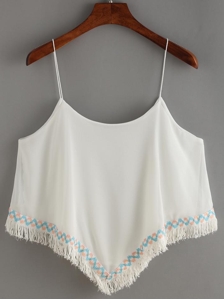Shein Spaghetti Strap Fringe Embroidered Chiffon Cami Top