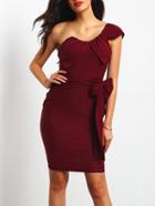 Shein Wine Red One Shoulder Draped Bow Party Dress