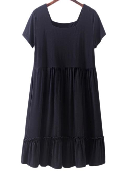 Shein Black Square Collar Ruffle Hem Pleated Casual Dress
