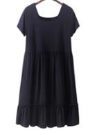 Shein Black Square Collar Ruffle Hem Pleated Casual Dress