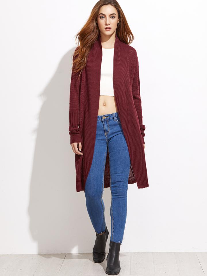 Shein Burgundy Mixed Knit Shawl Collar Cardigan